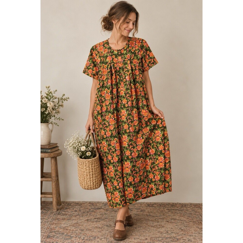 70s Floral House Dress Nightgown Green Pink Orange Double Stitched Night Wear XL